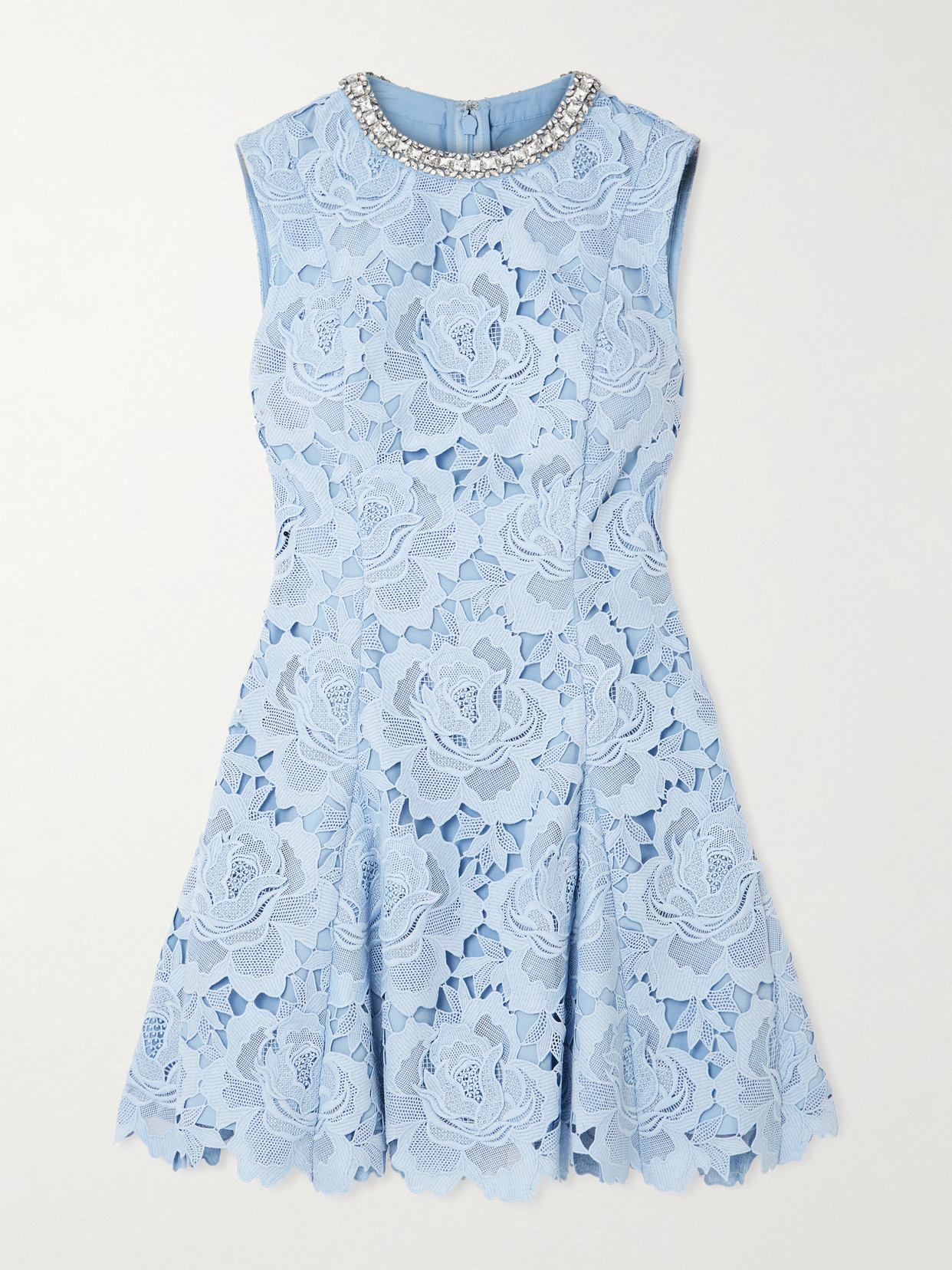 Self-Portrait - Crystal-embellished Pleated Guipure Lace Mini Dress - Blue