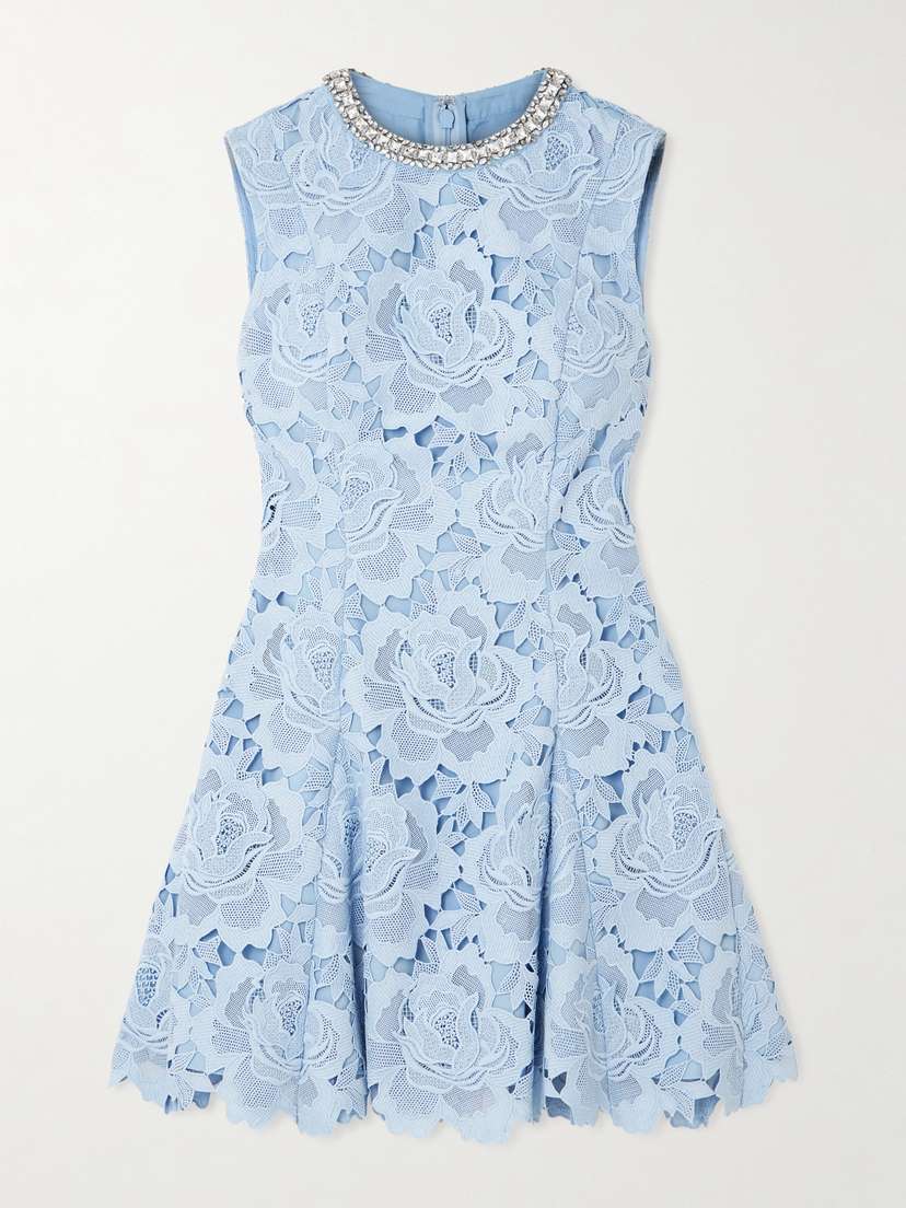 Self-Portrait Crystal-embellished Pleated Guipure Lace Mini Dress
