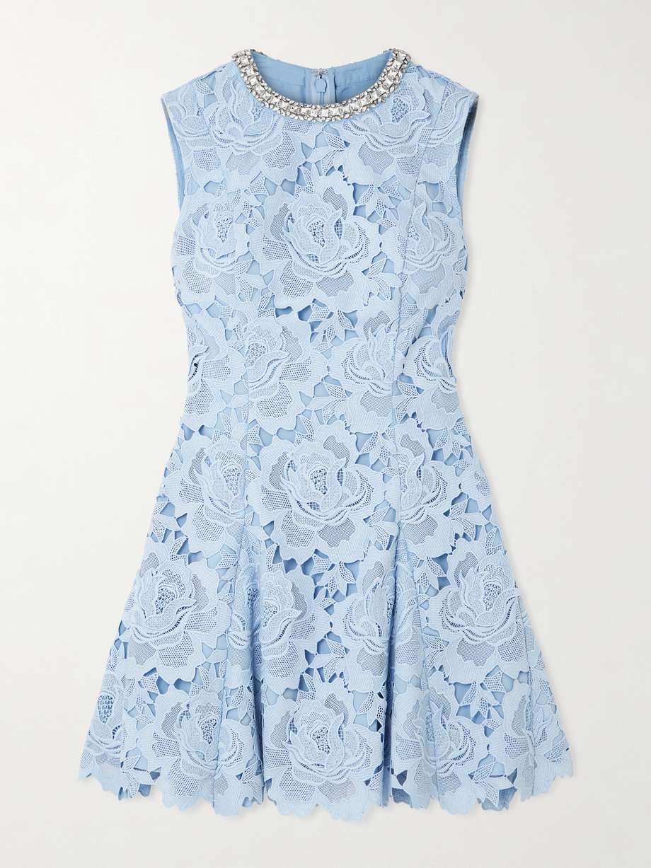 crystal-embellished pleated guipure lace mini dress