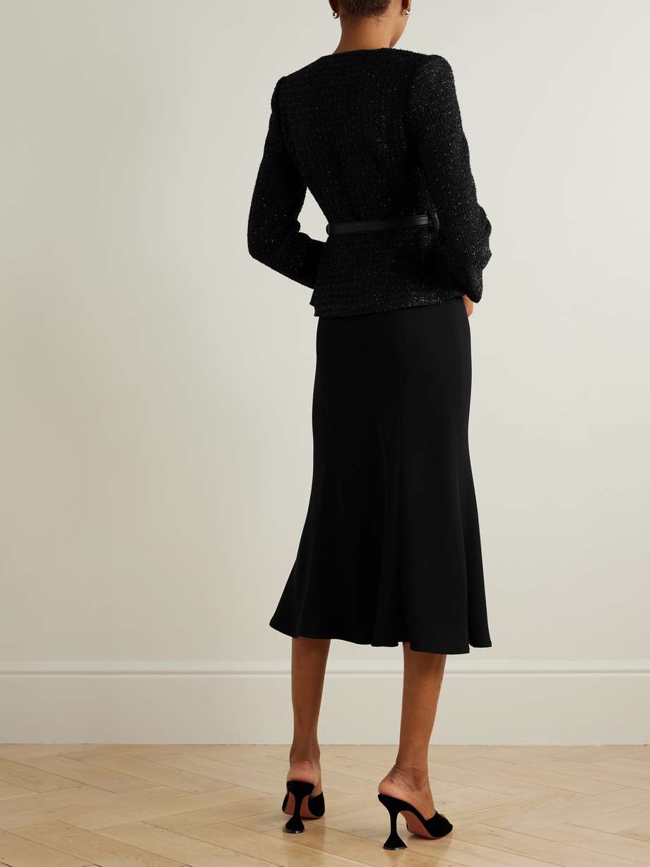 belted layered sequined bouclé and satin midi dress