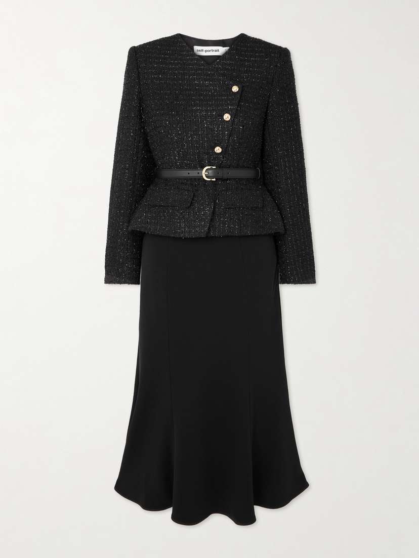 Self-Portrait Belted Layered Sequined Bouclé And Satin Midi Dress