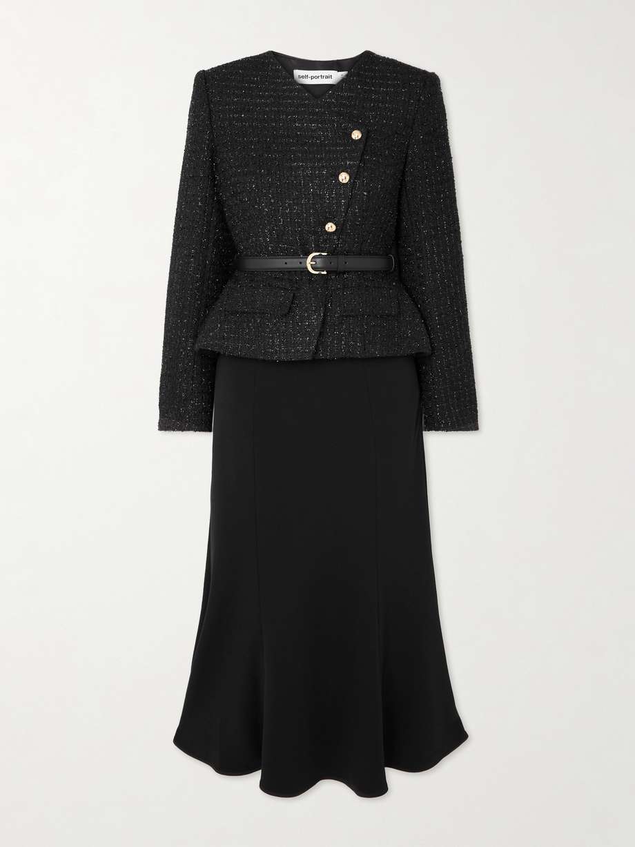 belted layered sequined bouclé and satin midi dress