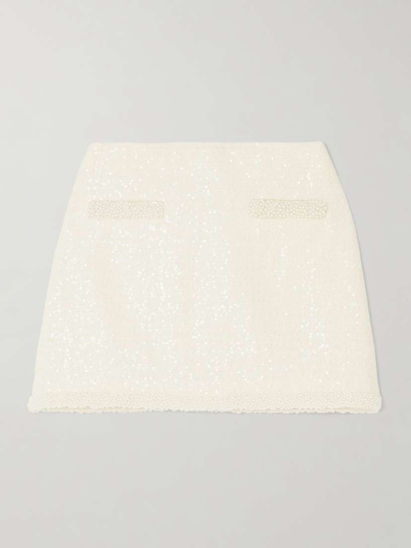 Self-Portrait Faux Pearl-embellished Sequined Bouclé-tweed Mini Skirt