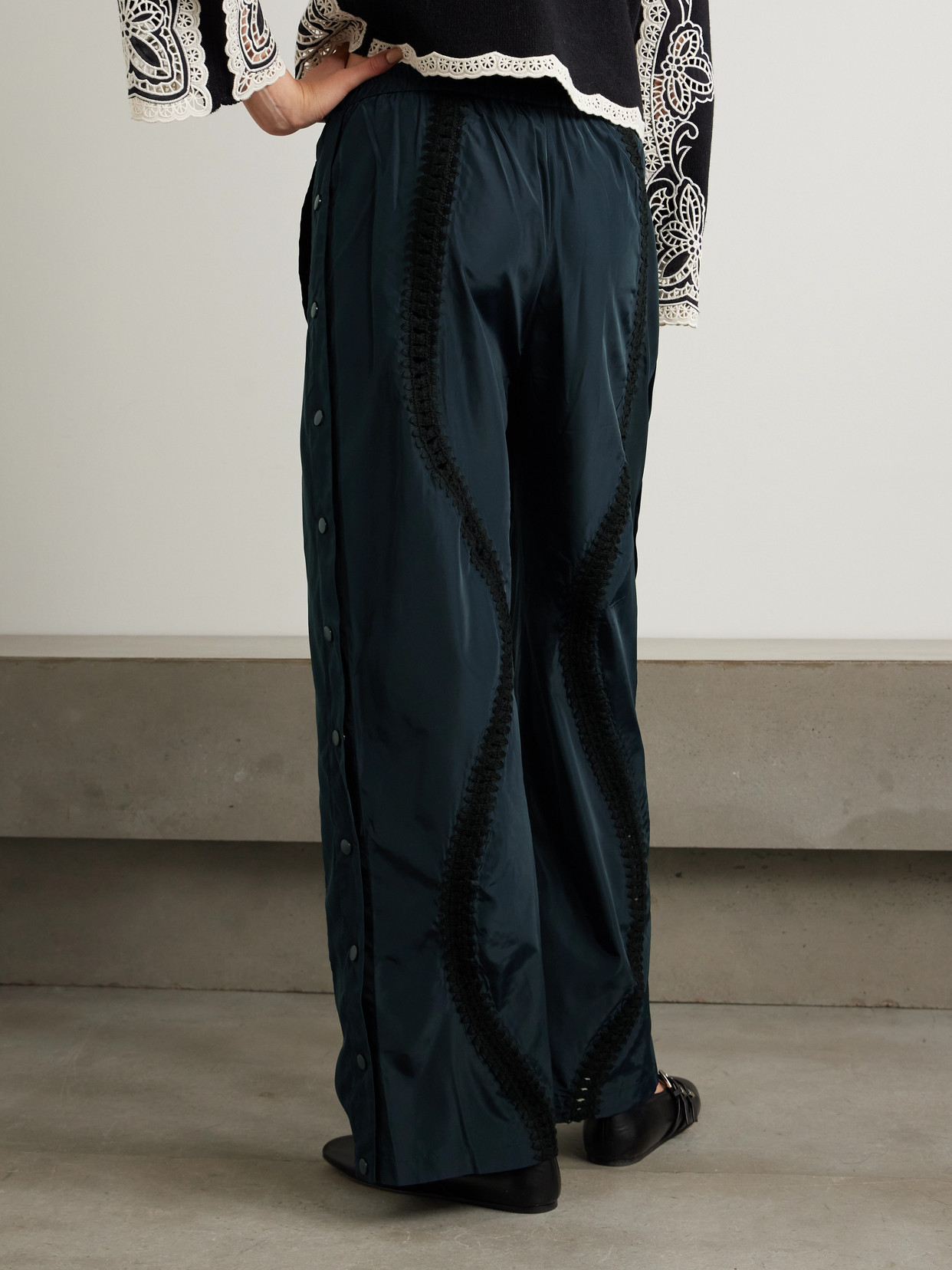 Sea Averie Crochet-trimmed Button-embellished Shell Wide-leg Pants In Blue