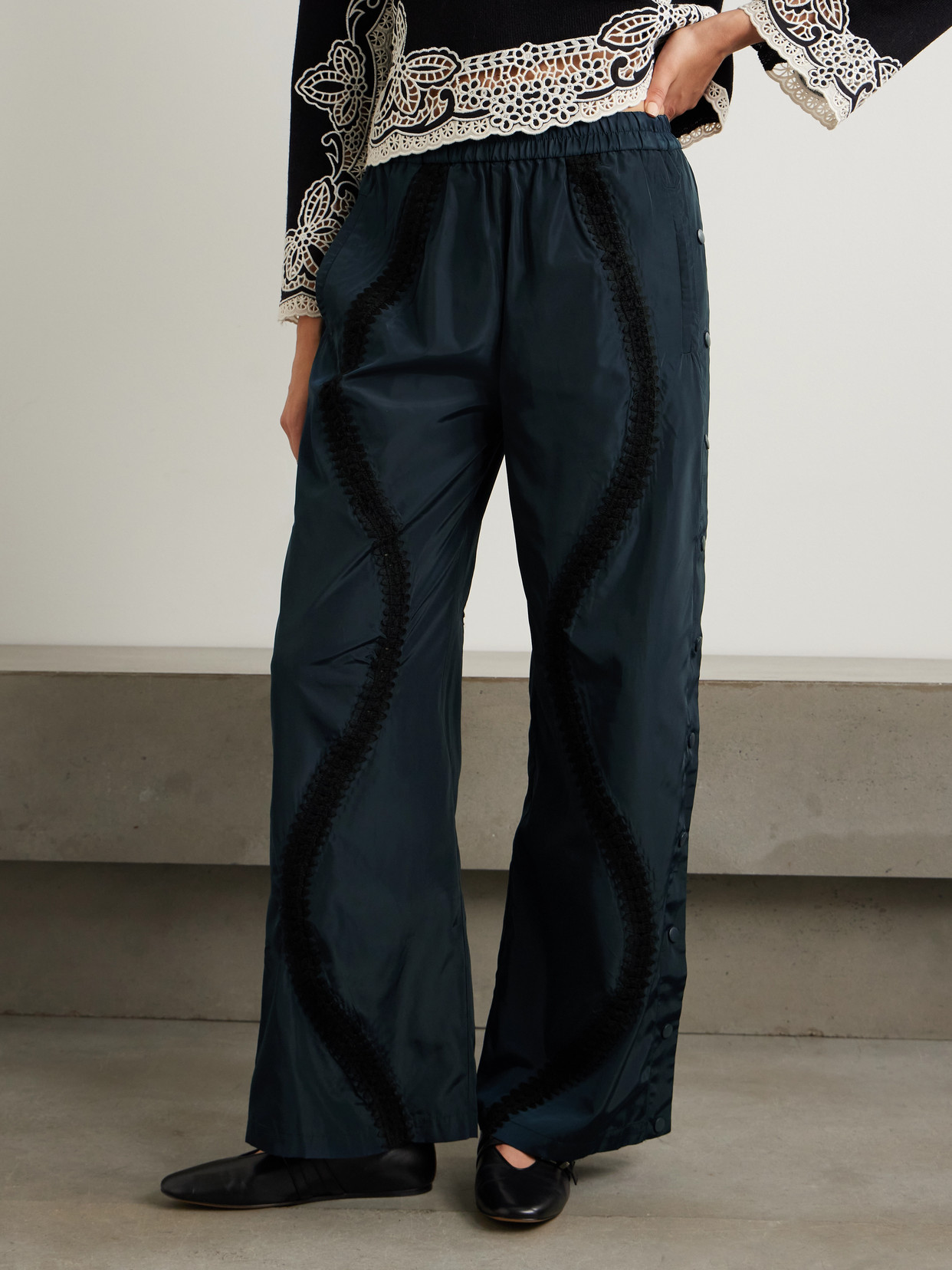 Sea Averie Crochet-trimmed Button-embellished Shell Wide-leg Pants In Blue