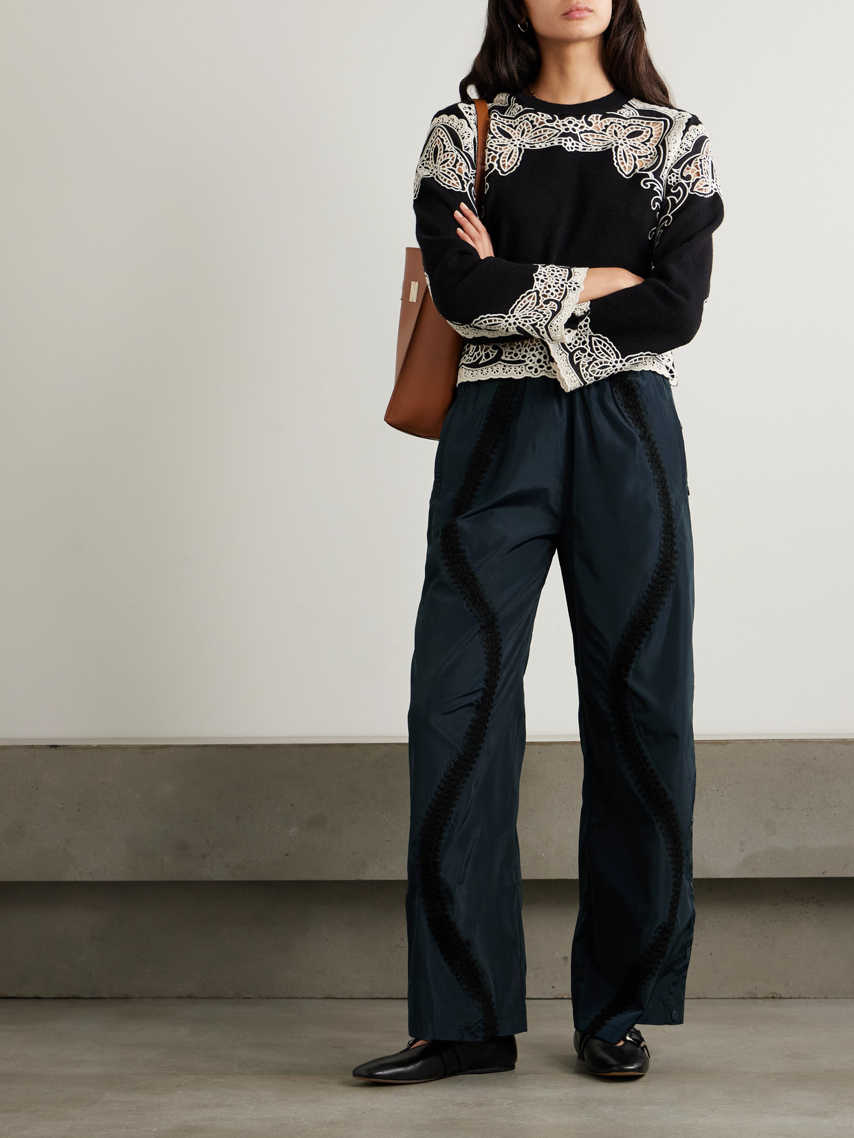 Sea Averie Crochet-trimmed Button-embellished Shell Wide-leg Pants In Blue