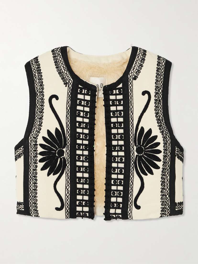 Sea Ambrose Cropped Bead-embellished Embroidered Cotton-canvas Vest