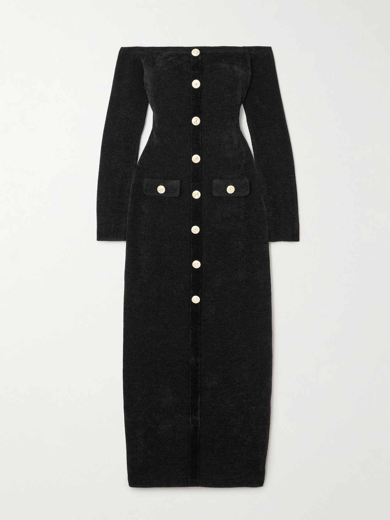 Self-portrait Off-the-shoulder Button-embellished Chenille Midi Dress In Black
