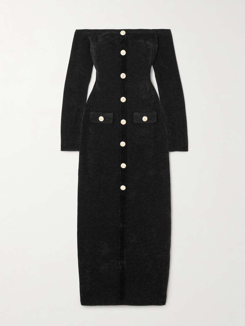 Self-Portrait Off-the-shoulder Button-embellished Chenille Midi Dress