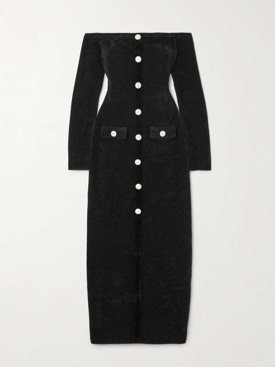 off-the-shoulder button-embellished chenille midi dress