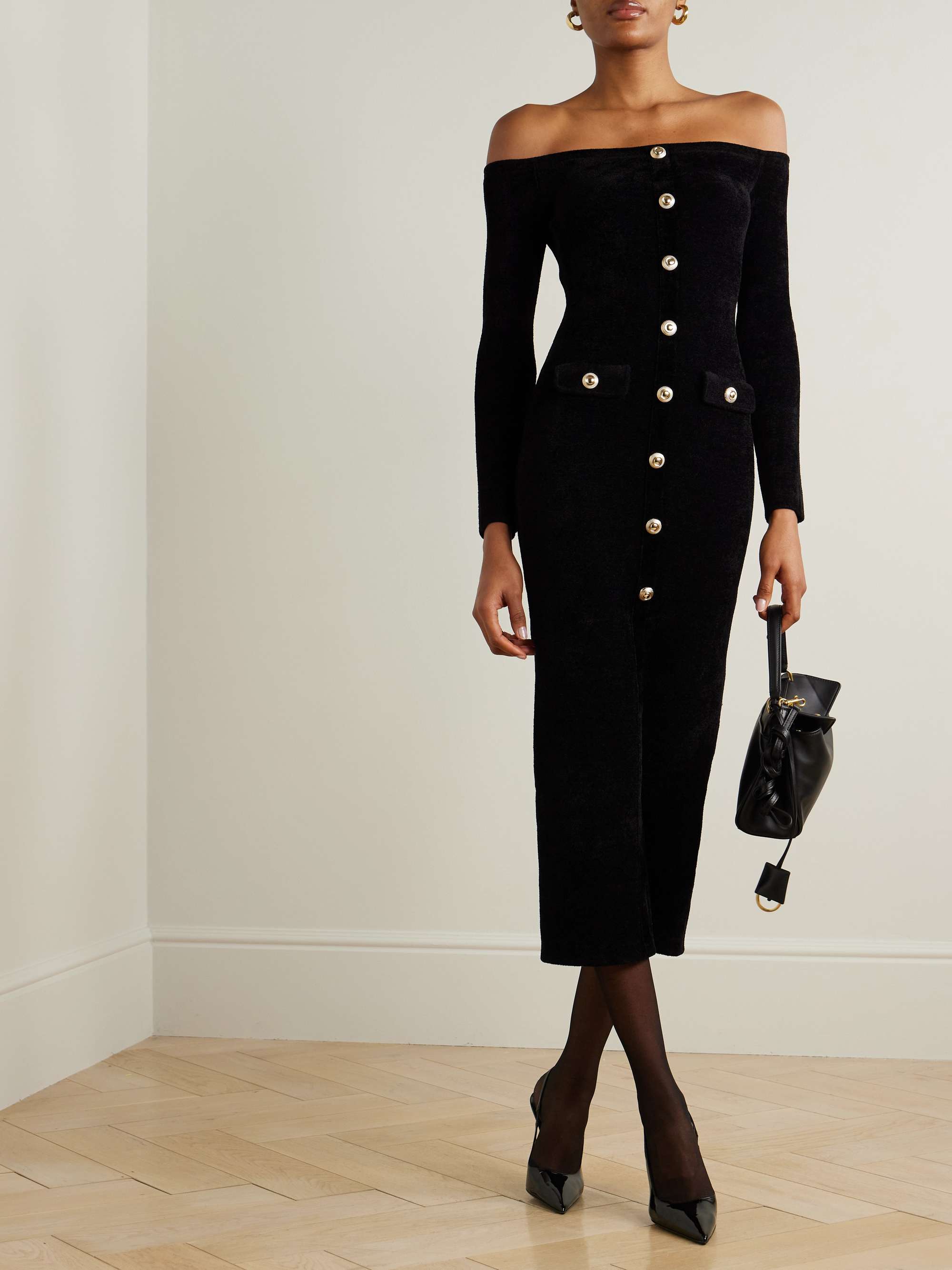 Off the shoulder button embellished chenille midi dress black x small