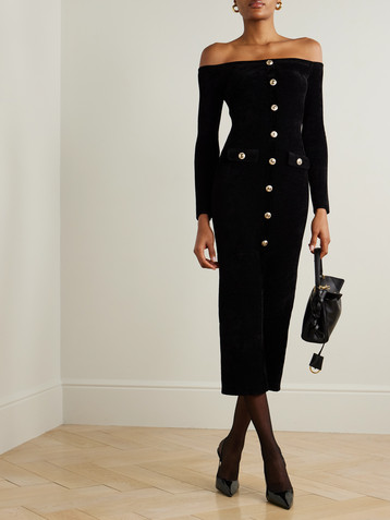 self-portrait Off-the-shoulder button-embellished chenille midi dress