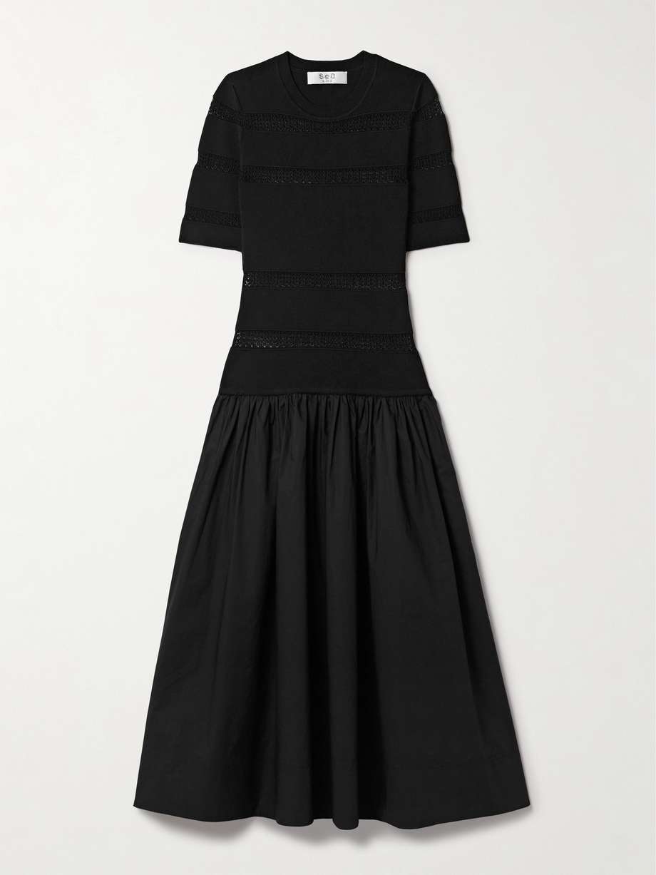 devon paneled stretch-knit and cotton midi dress