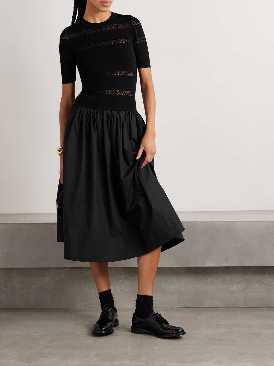 devon paneled stretch-knit and cotton midi dress