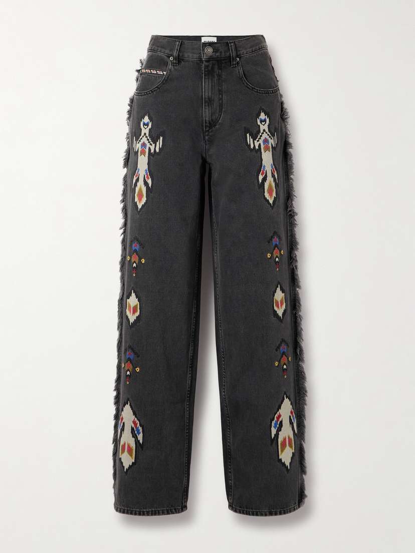 Marant Étoile Maella Fringed Jacquard-trimmed High-rise Straight-leg Jeans