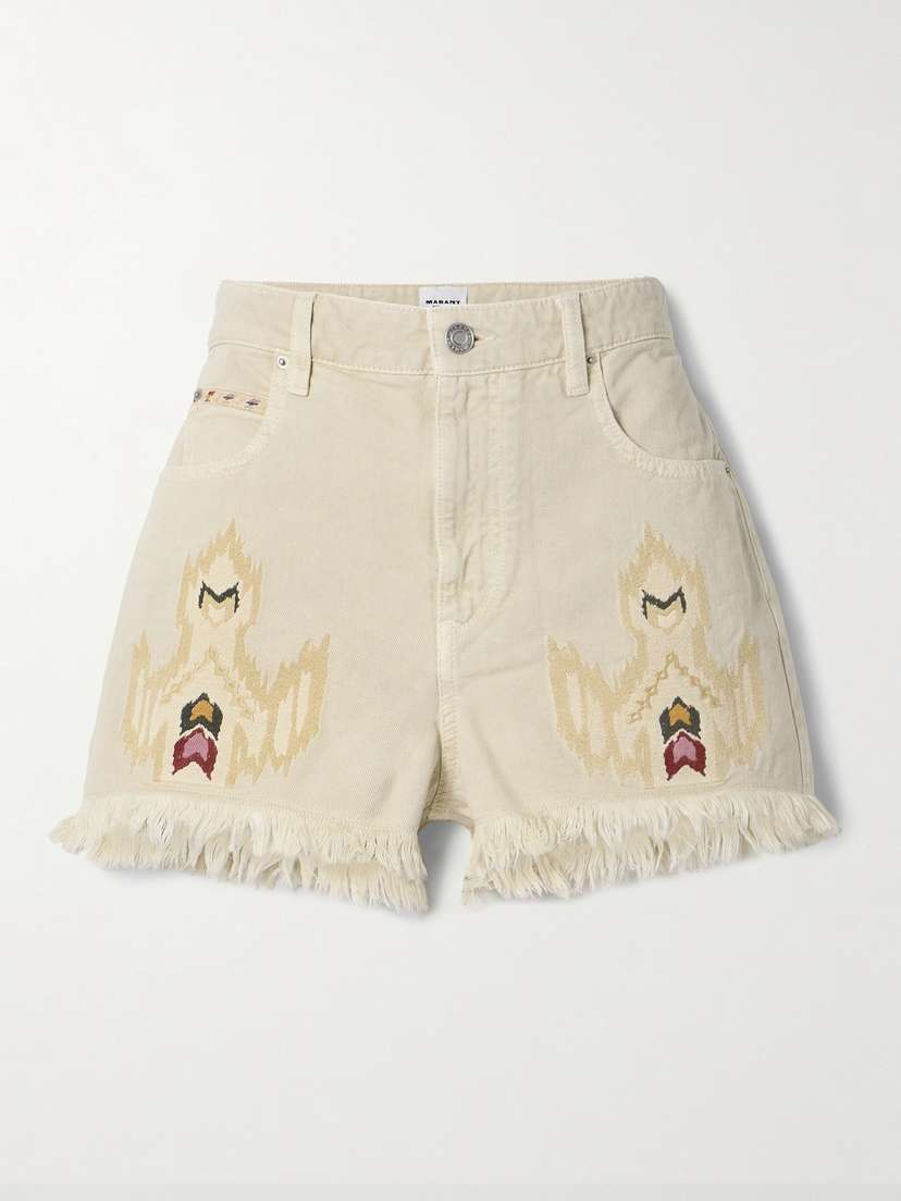Marant Étoile Lesia Frayed Embroidered Denim Shorts