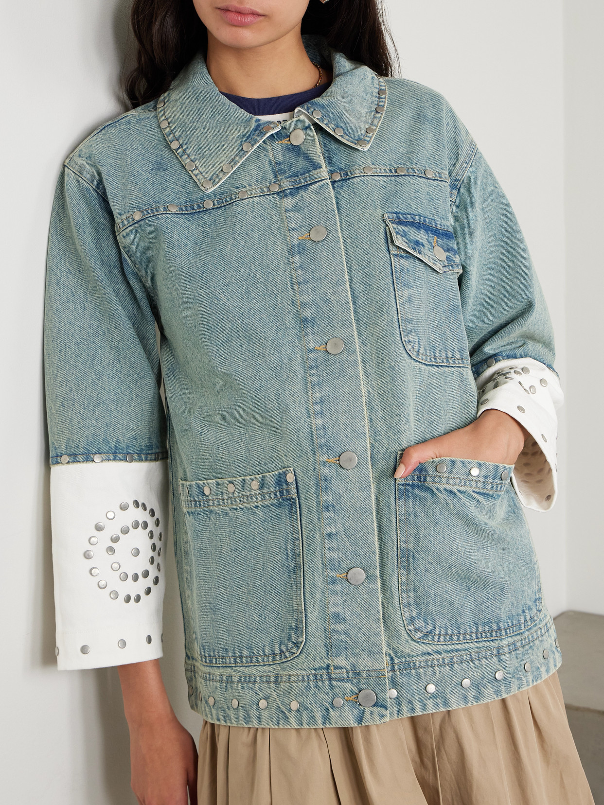 Sea Liam Studded Two-tone Denim Jacket In Blue