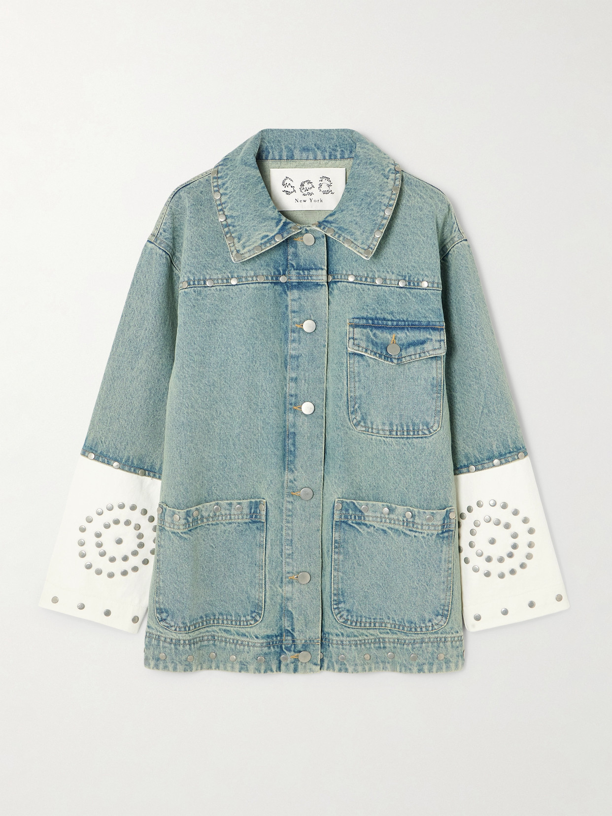 Sea Liam Studded Two-tone Denim Jacket In Blue
