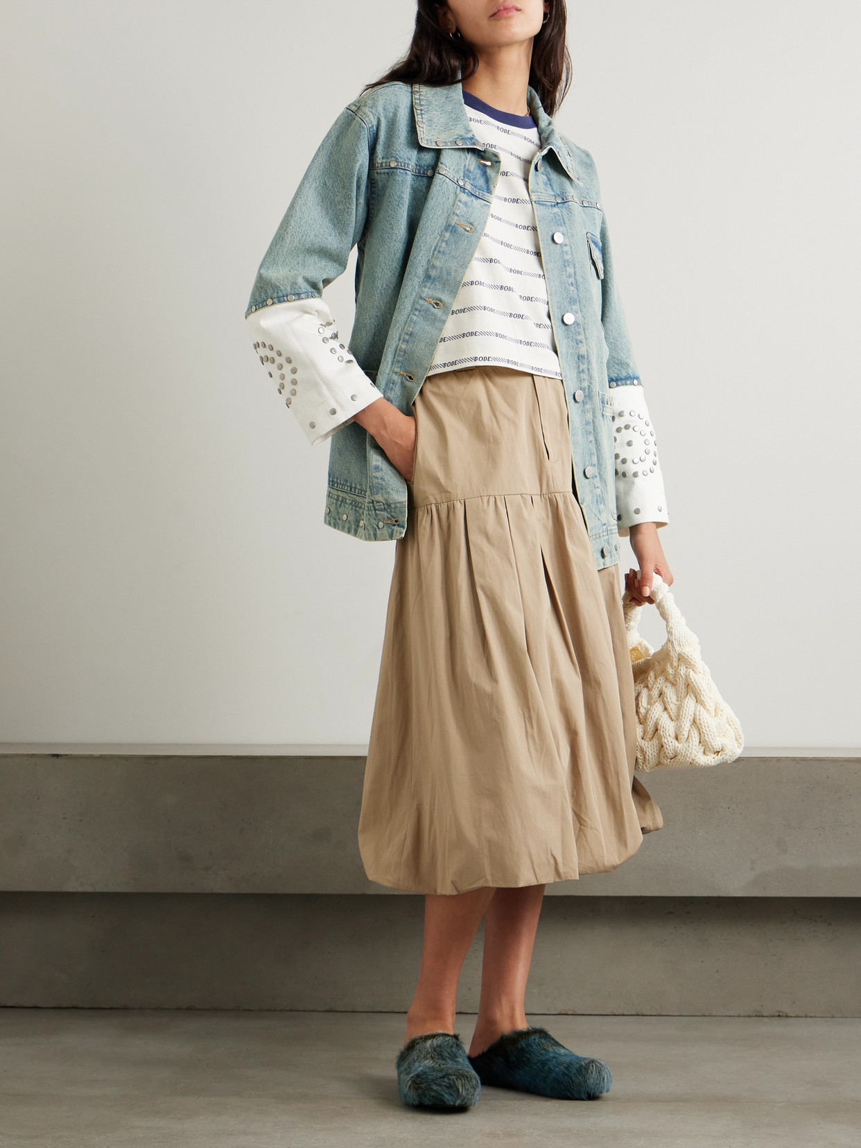 Sea Liam Studded Two-tone Denim Jacket In Blue