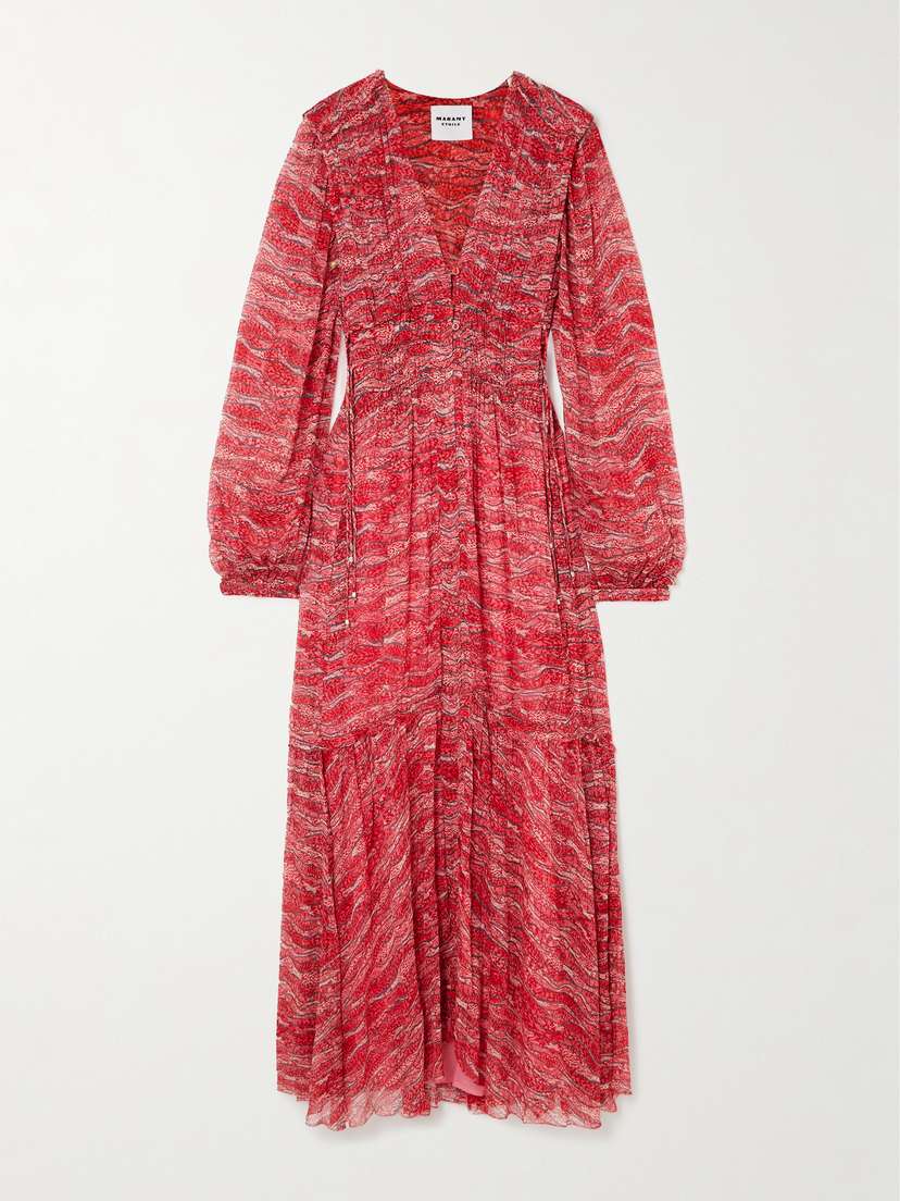 Marant Étoile Amara Gathered Printed Chiffon Maxi Dress