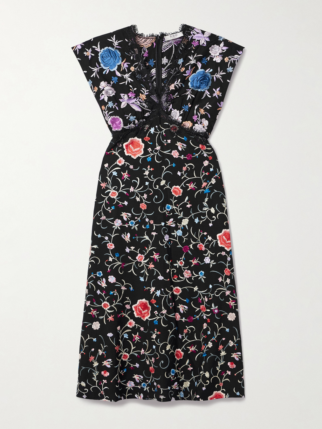 Sea Priscilla Lace-trimmed Embroidered Crepe Midi Dress In Black