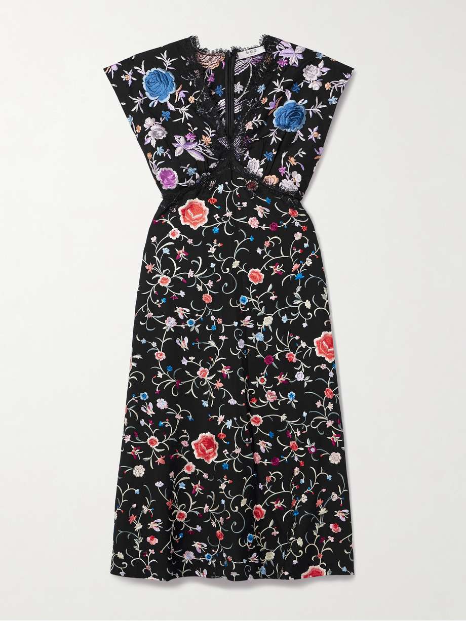 priscilla lace-trimmed embroidered crepe midi dress