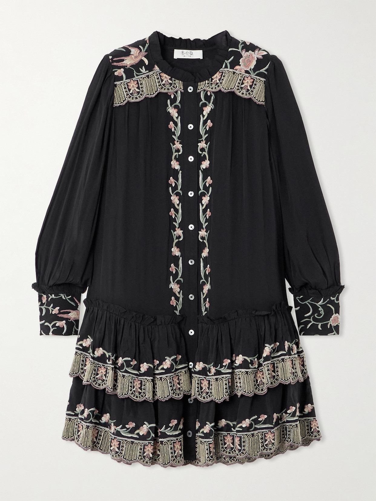 Sea Lacey Embroidery Long Sleeve Tunic Dress Black In Black