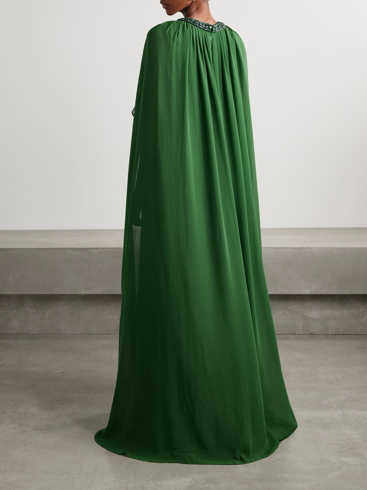 SELF-PORTRAIT CAPE-EFFECT CRYSTAL-EMBELLISHED PLISSÉ-CHIFFON GOWN