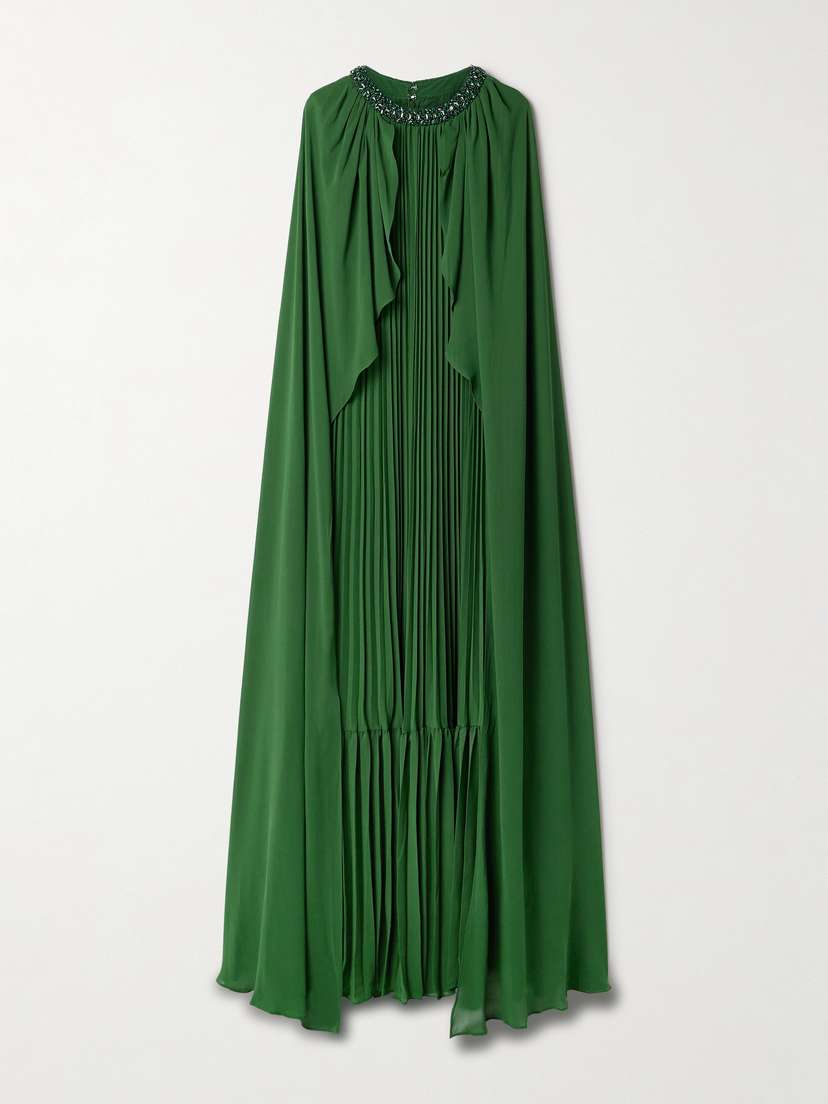 Self-Portrait Cape-effect Crystal-embellished Plissé-chiffon Gown