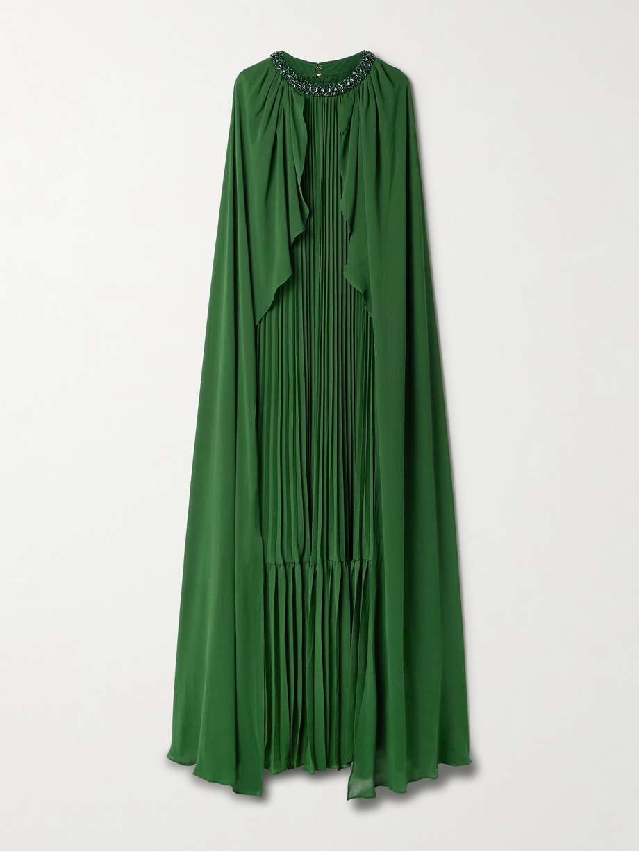 cape-effect crystal-embellished plissé-chiffon gown
