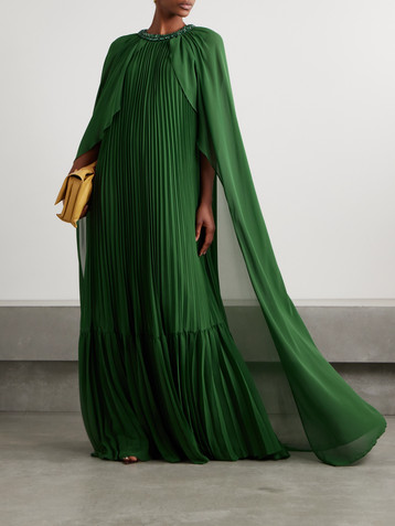self-portrait Cape-effect crystal-embellished plissé-chiffon gown