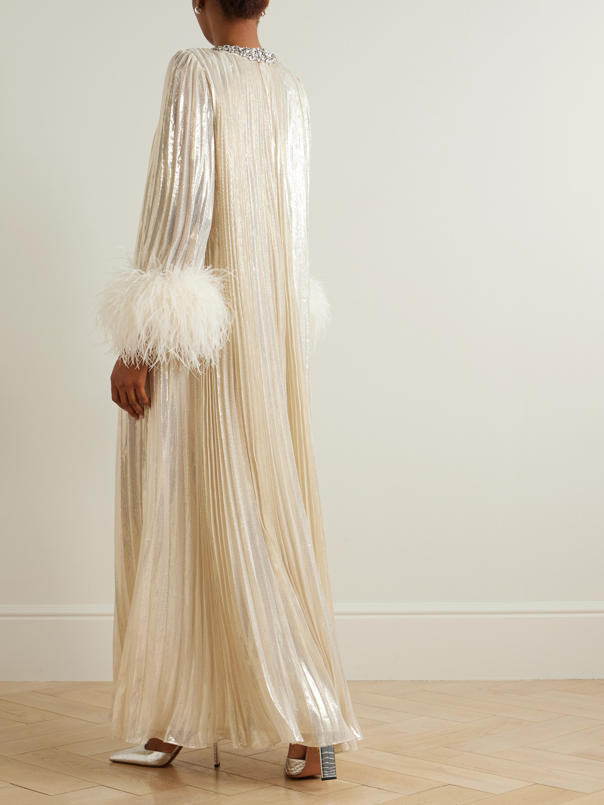 Self-portrait Feather-trimmed Metallic Plisse Maxi Dress In Metallic