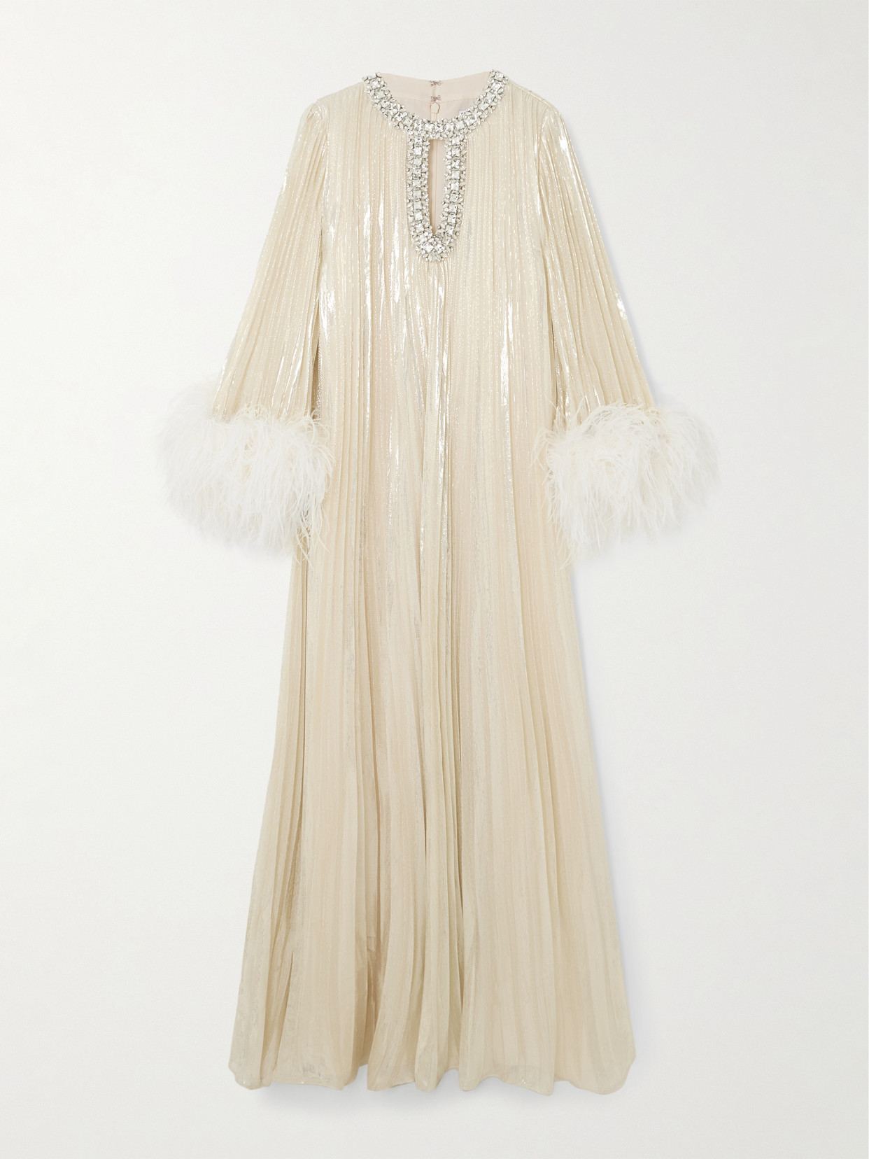 Self-portrait Feather-trimmed Metallic Plisse Maxi Dress In Metallic