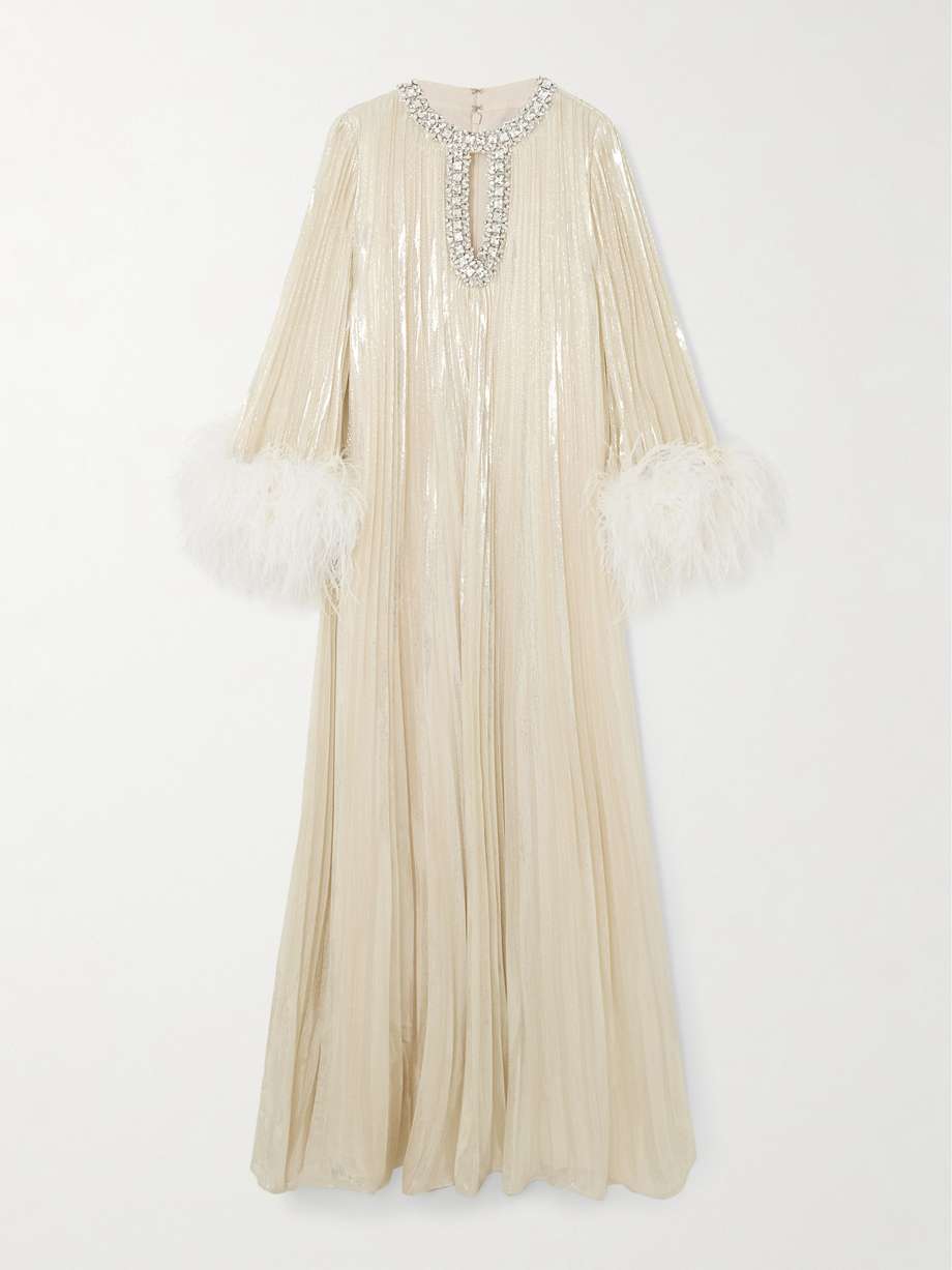 feather-trimmed crystal-embellished silk-blend lamé maxi dress