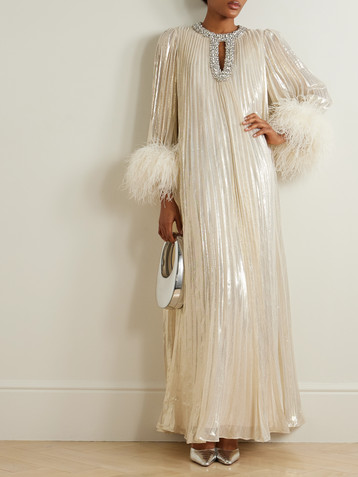 self-portrait Feather-trimmed crystal-embellished silk-blend lamé maxi dress