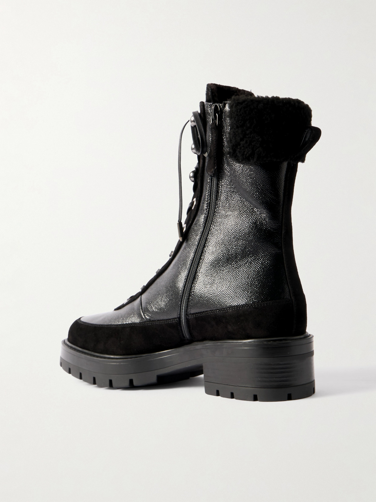 Aquazzura Very Cortina 20 Shearling-lined Suede-trimmed Glossed Textured-leather Combat Boots In Black