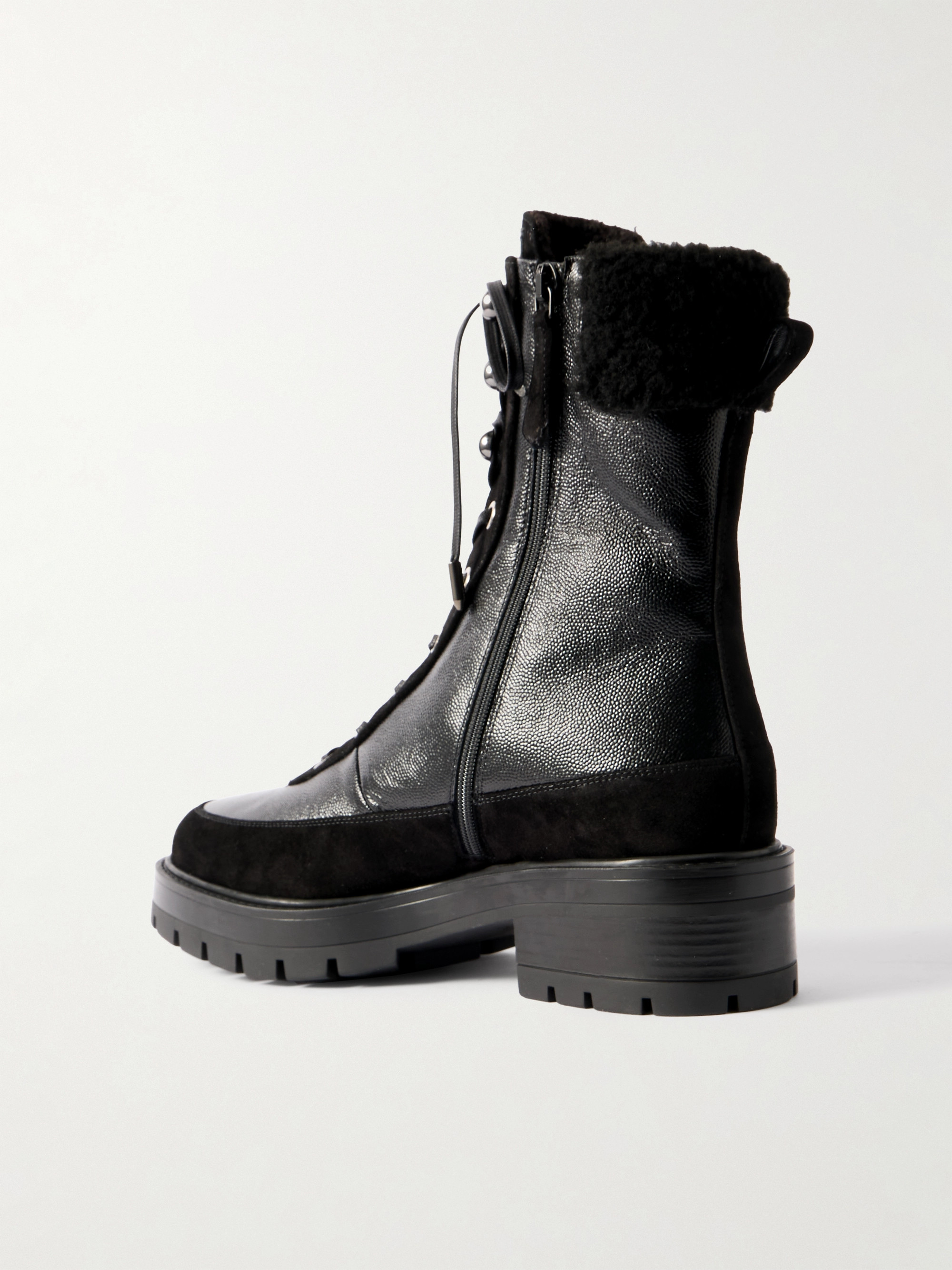 AQUAZZURA Very Cortina 20 shearling-lined suede-trimmed glossed textured-leather combat boots thumbnail