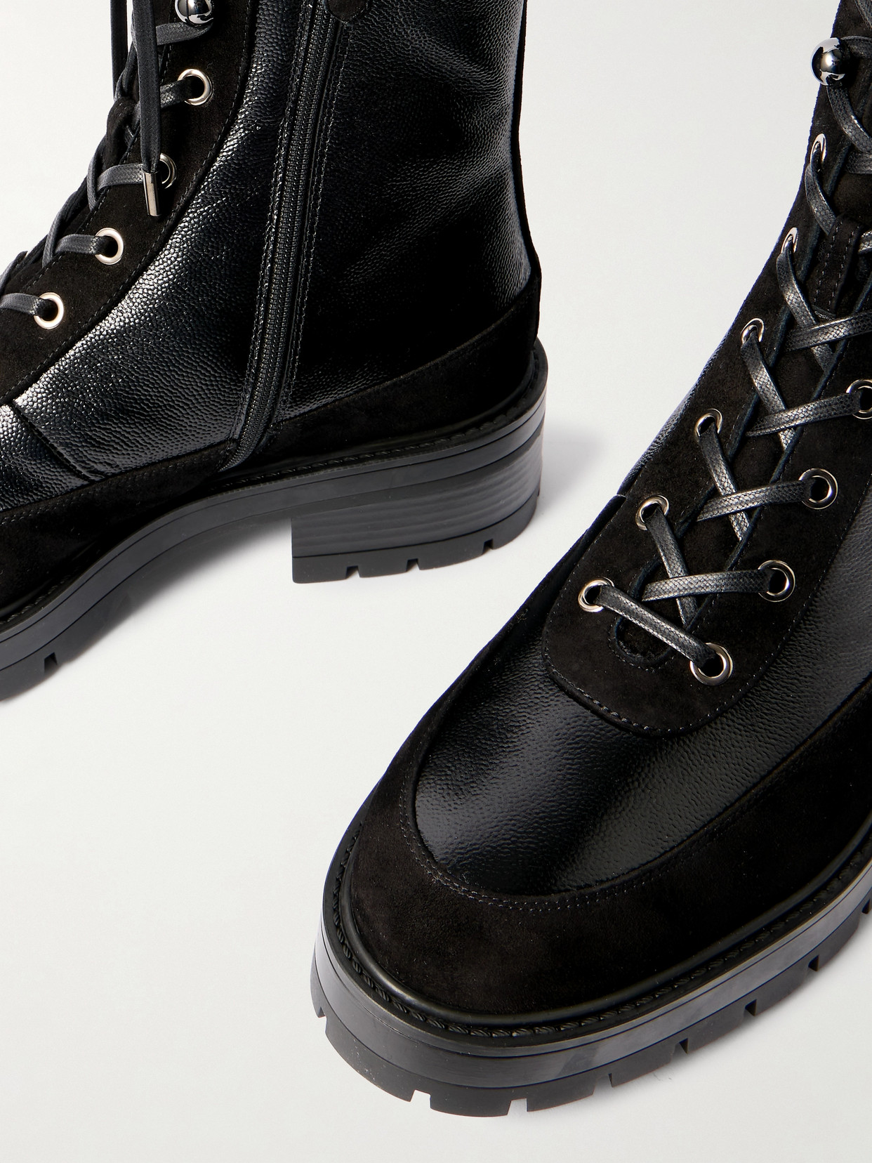 Aquazzura Very Cortina 20 Shearling-lined Suede-trimmed Glossed Textured-leather Combat Boots In Black