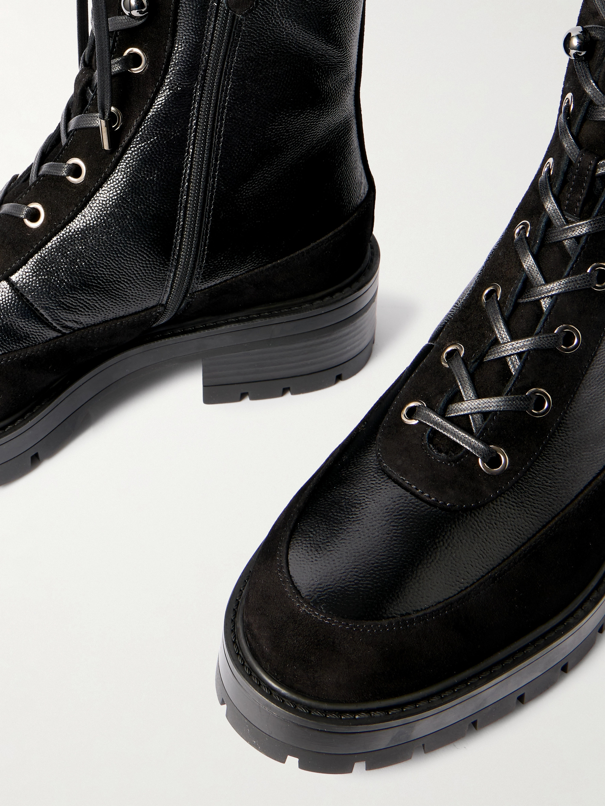 AQUAZZURA Very Cortina 20 shearling-lined suede-trimmed glossed textured-leather combat boots thumbnail