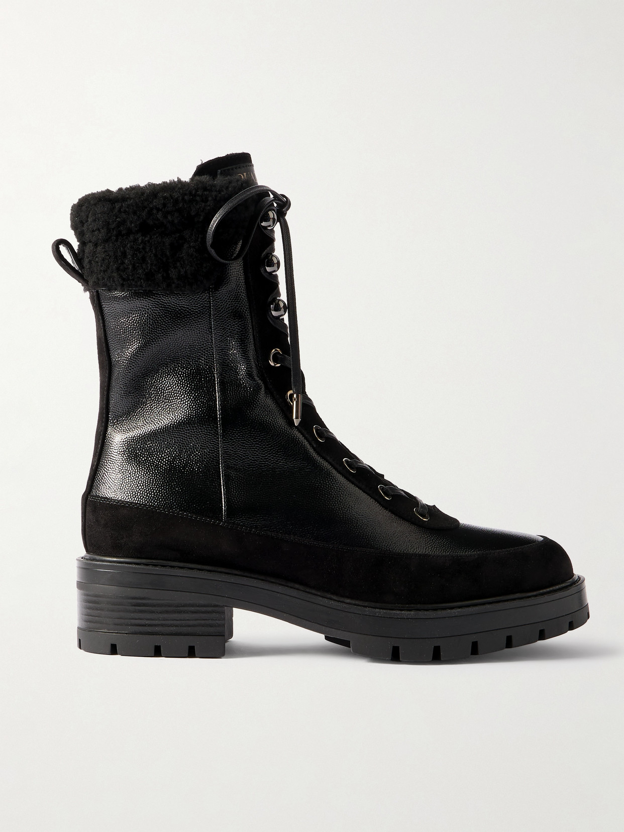 Aquazzura Very Cortina 20 Shearling-lined Suede-trimmed Glossed Textured-leather Combat Boots In Black