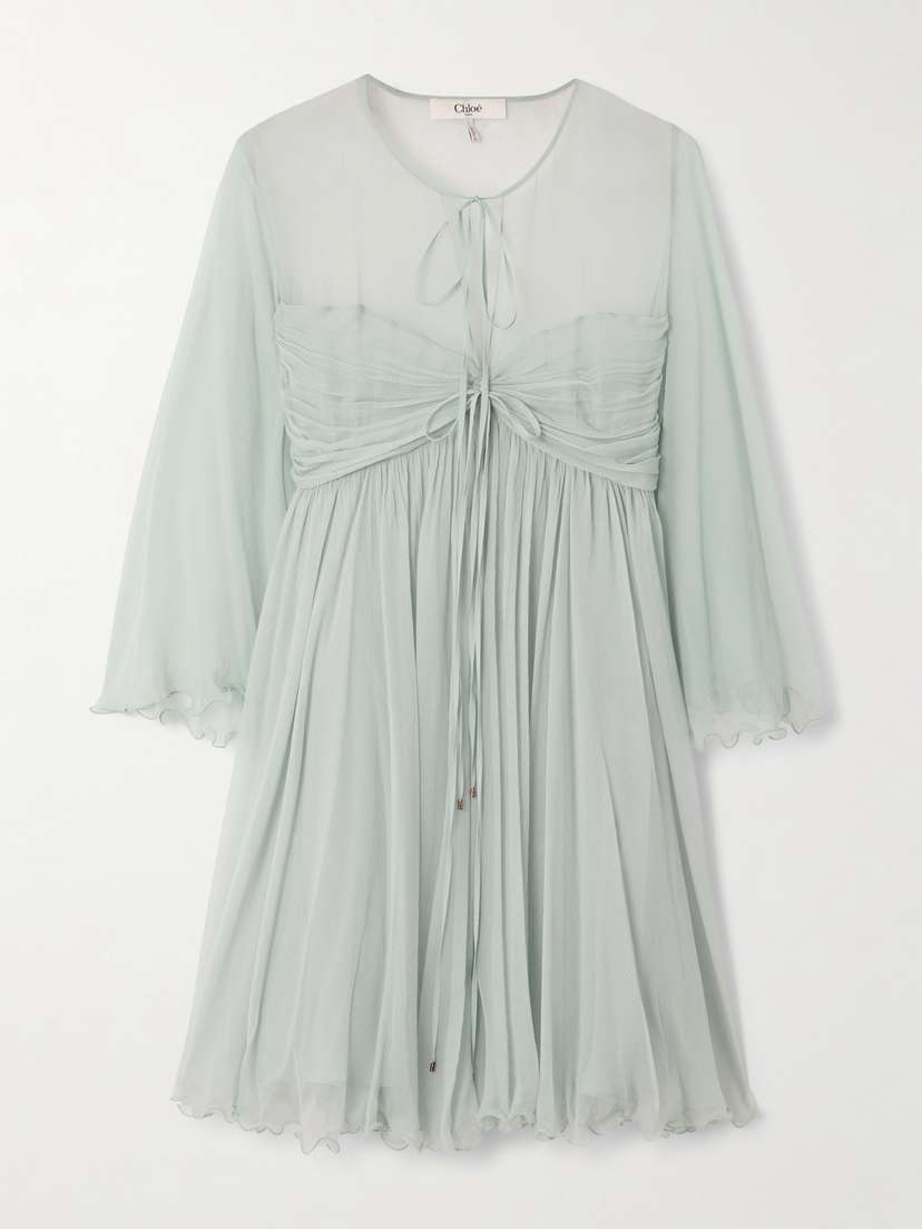 Chloé Tie-detailed Plissé-silk Mousseline Mini Dress