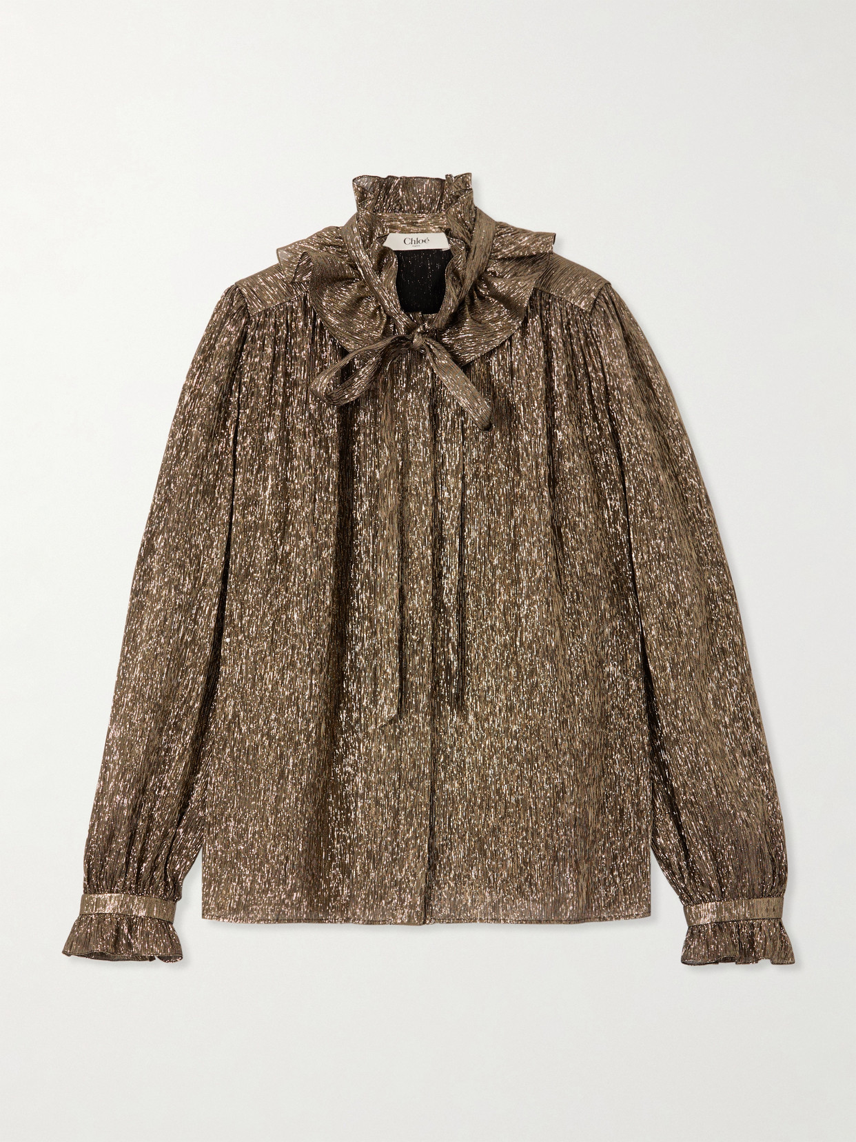 Chloé Pussy-bow Metallic Chiffon Blouse In Gold