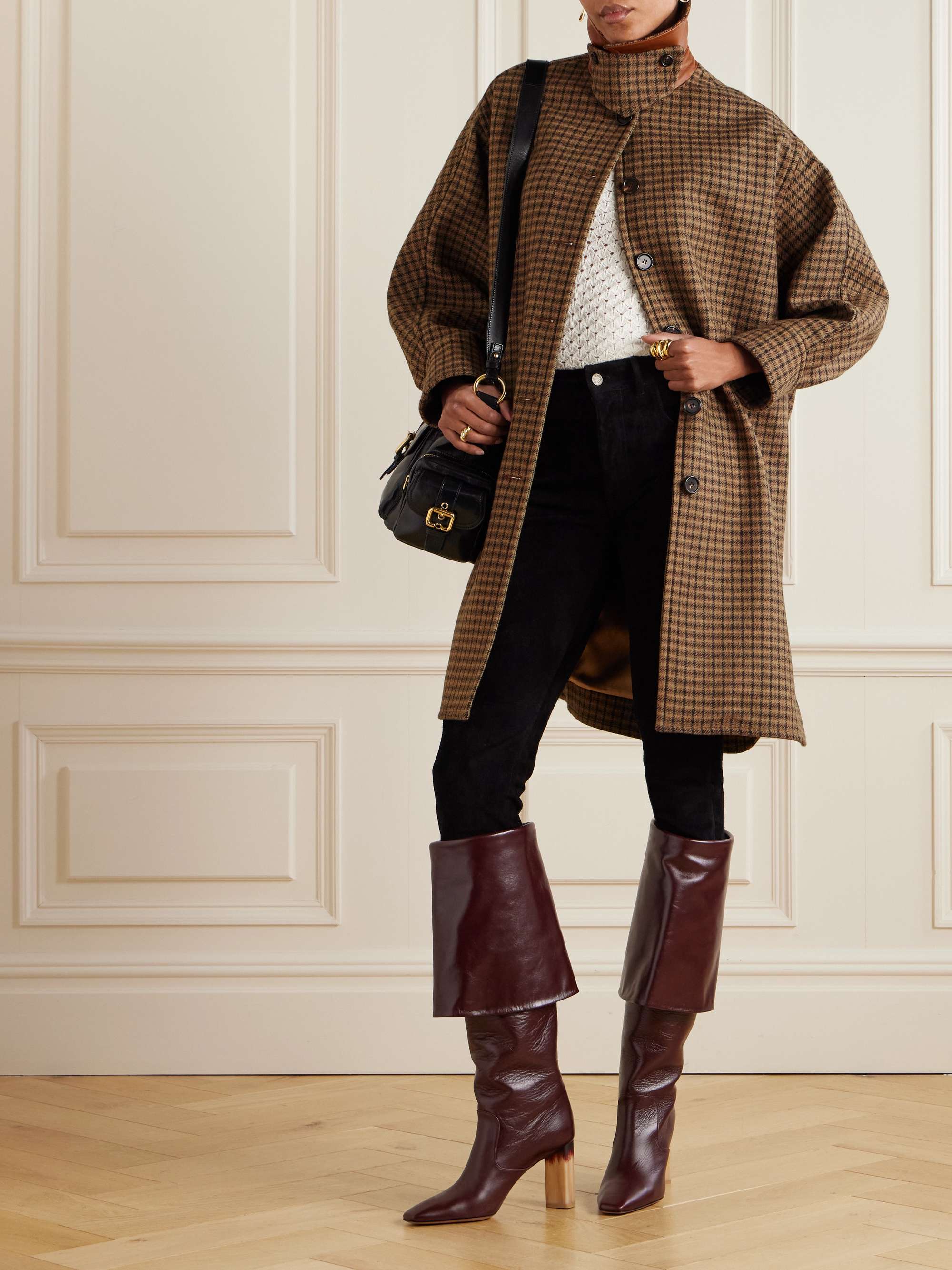 Brown Oversized leather-trimmed checked wool coat | CHLOÉ