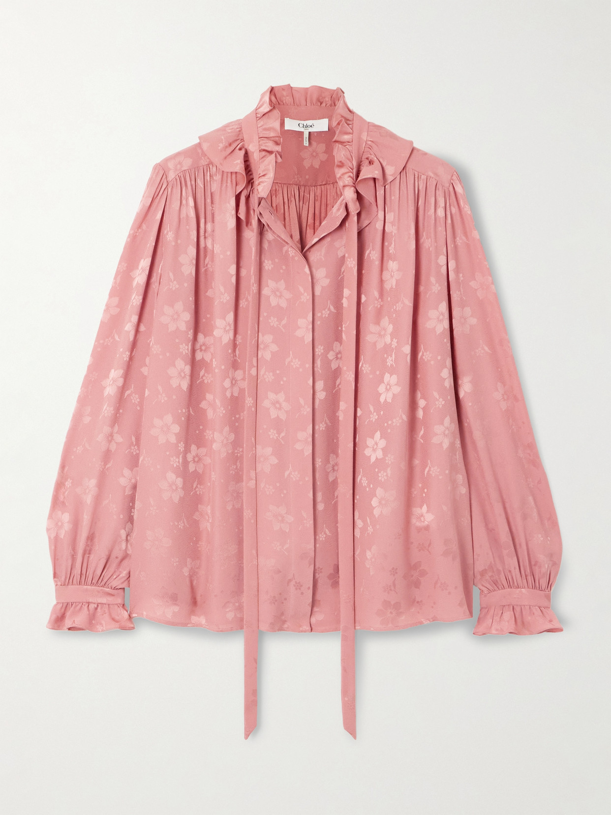 Chloé Tie-neck Ruffled Silk-jacquard Blouse In Pink