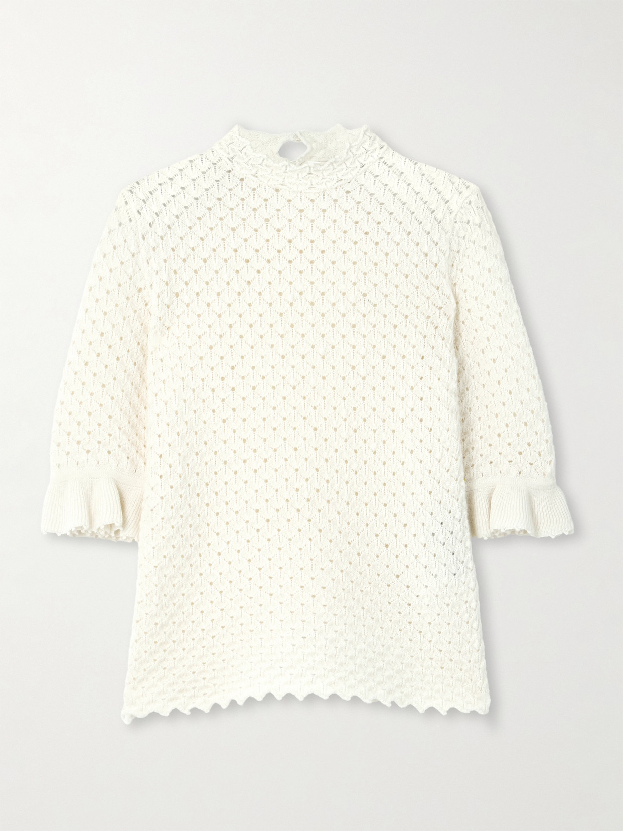 Chloé Scalloped Ruffled Pointelle-knit Wool And Cashmere-blend Top In Cream