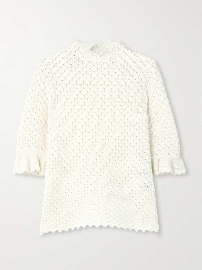 Chloé Scalloped Ruffled Pointelle-knit Wool And Cashmere-blend Top