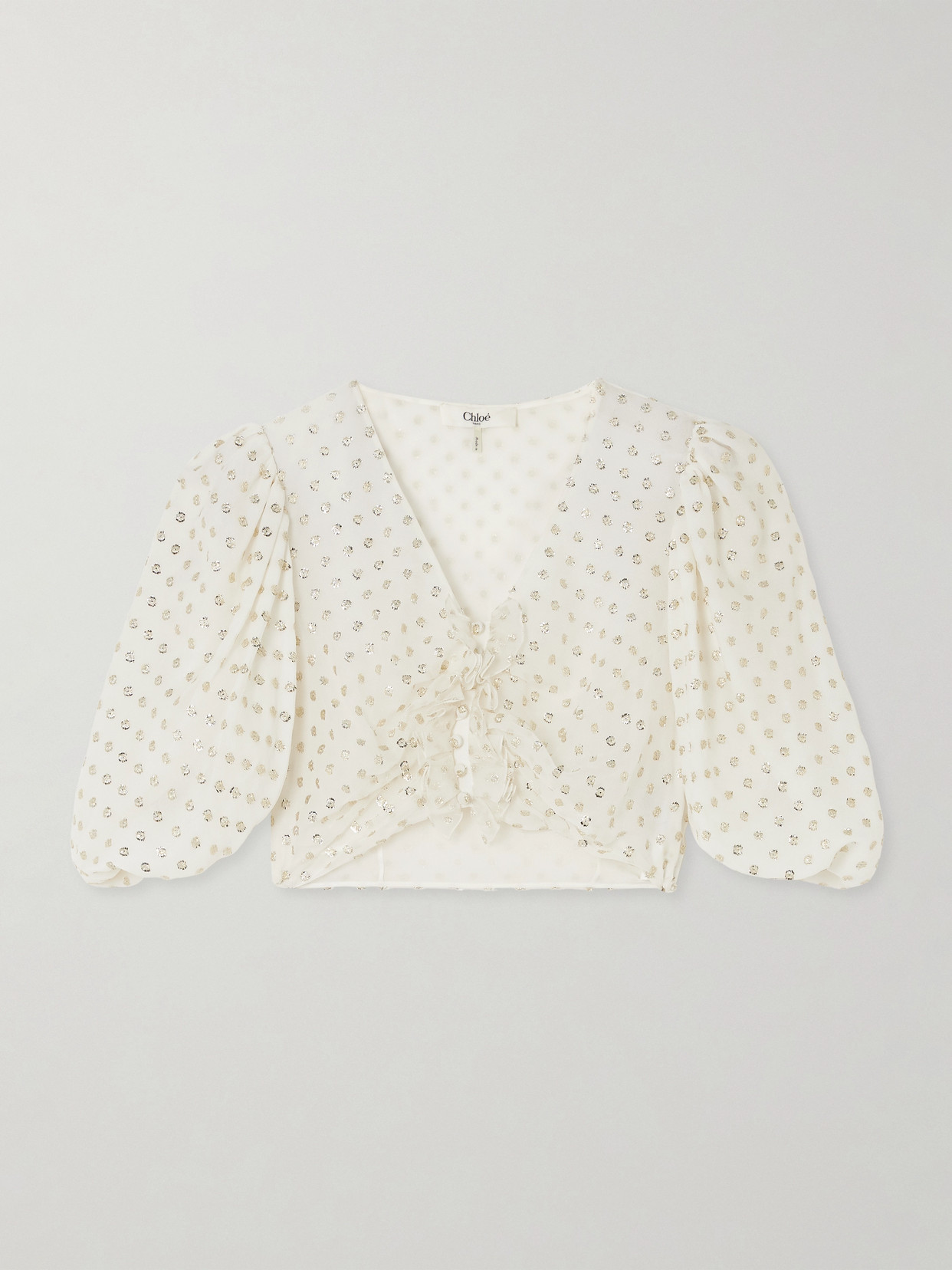 Chloé Cropped Ruffled Gathered Metallic Polka-dot Silk-blend Top In Ivory