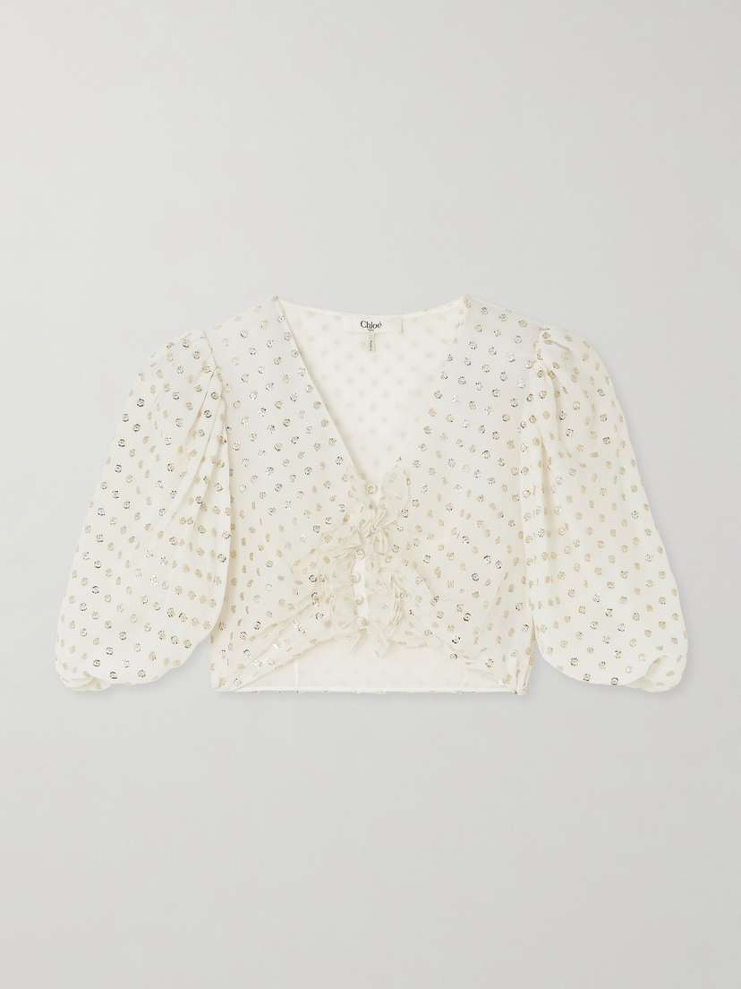 Chloé Cropped Ruffled Gathered Metallic Polka-dot Silk-blend Top