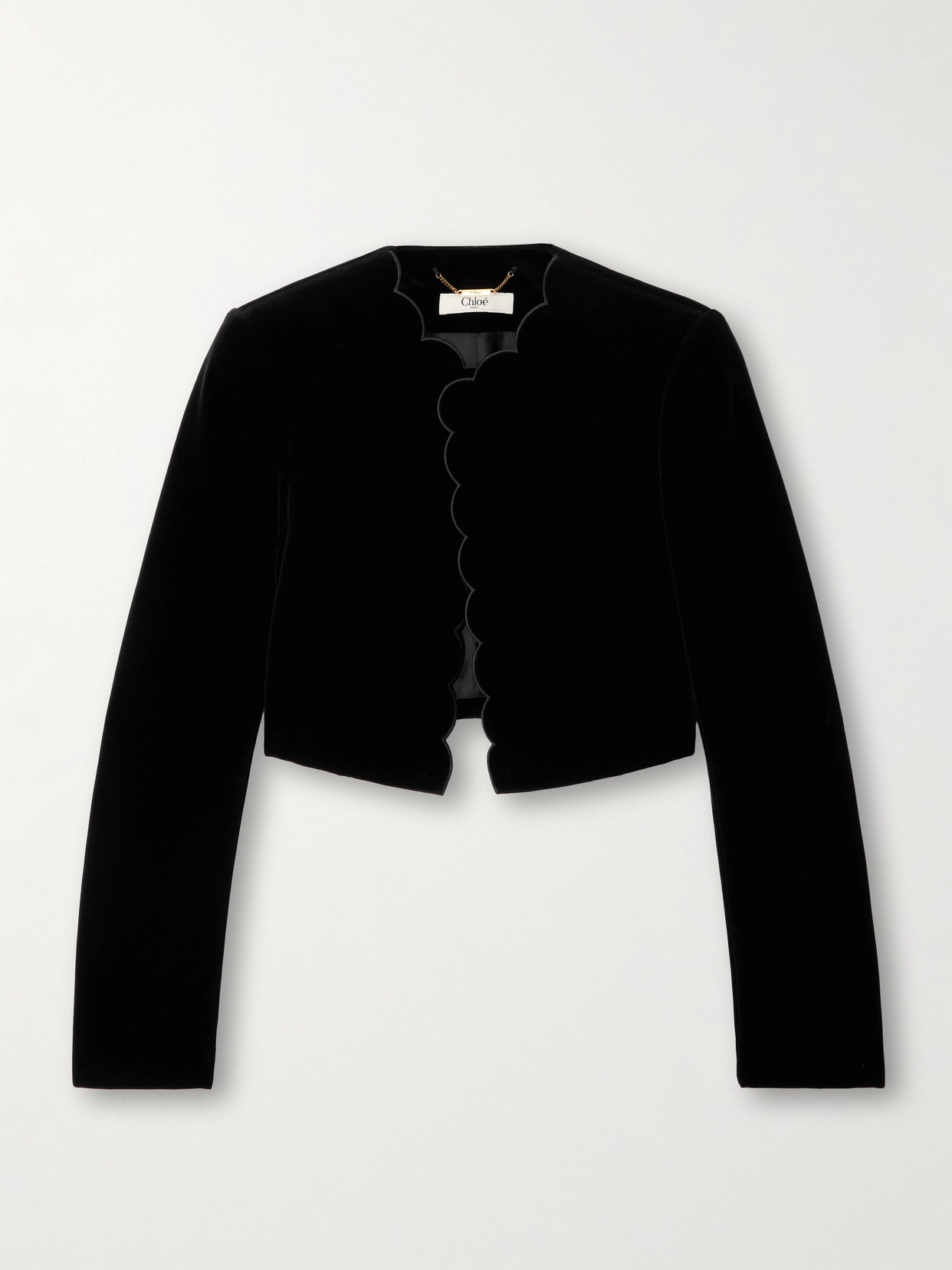 Chloé Cropped Scalloped Silk-velour Jacket In Black