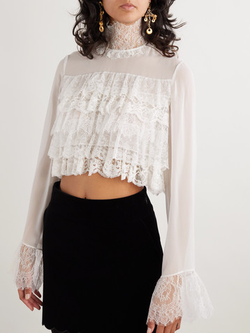Chloé Tiered lace-trimmed silk-chiffon blouse